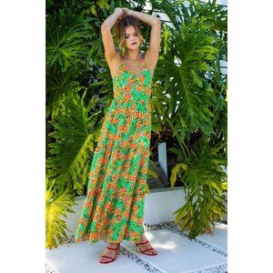 Skies Are Blue Tropical Pineapple Printed Green Orange Maxi Dress Size M